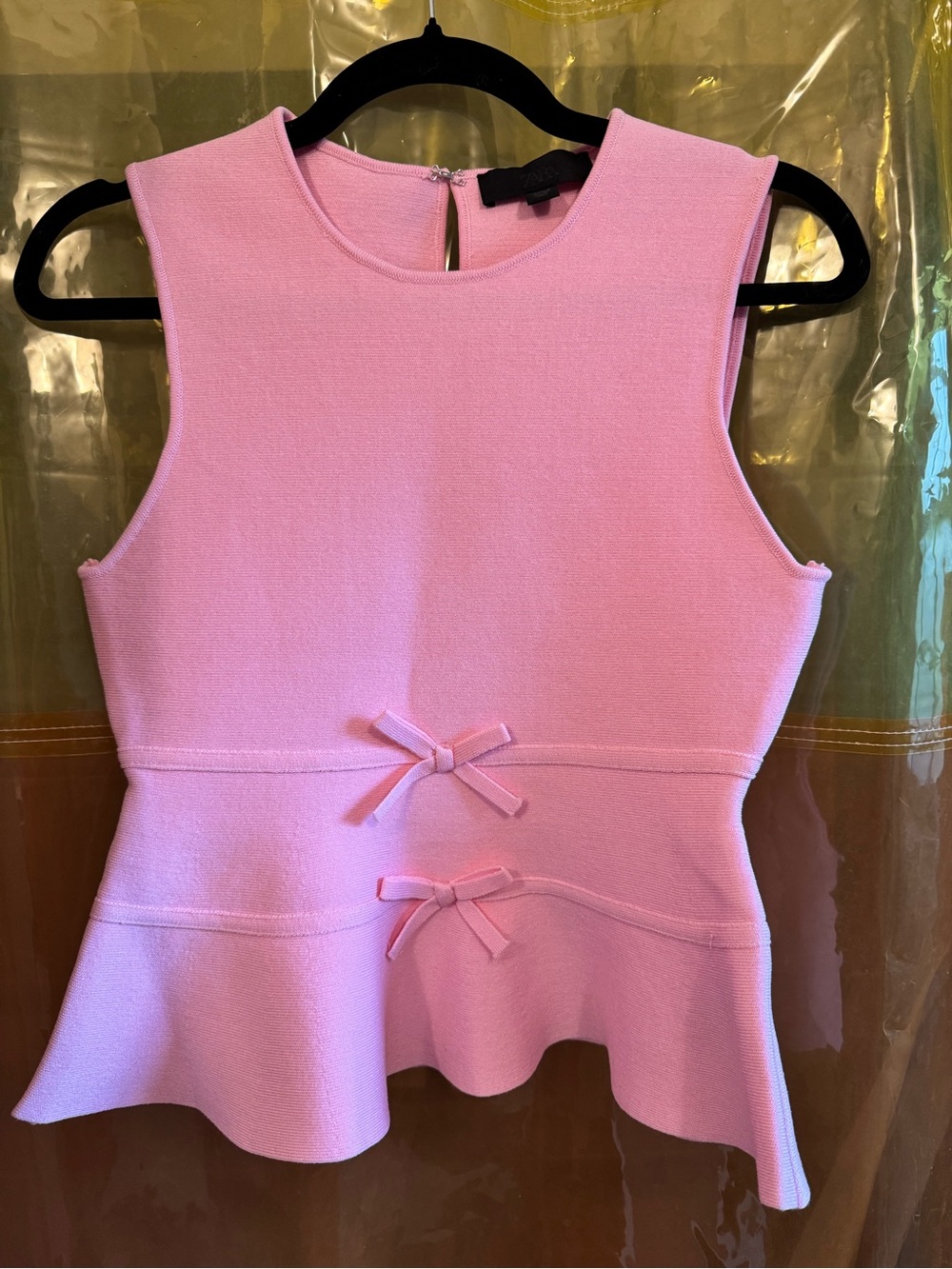 Zara Sleeveless Pink Peplum Sweater Top with Bow Accents